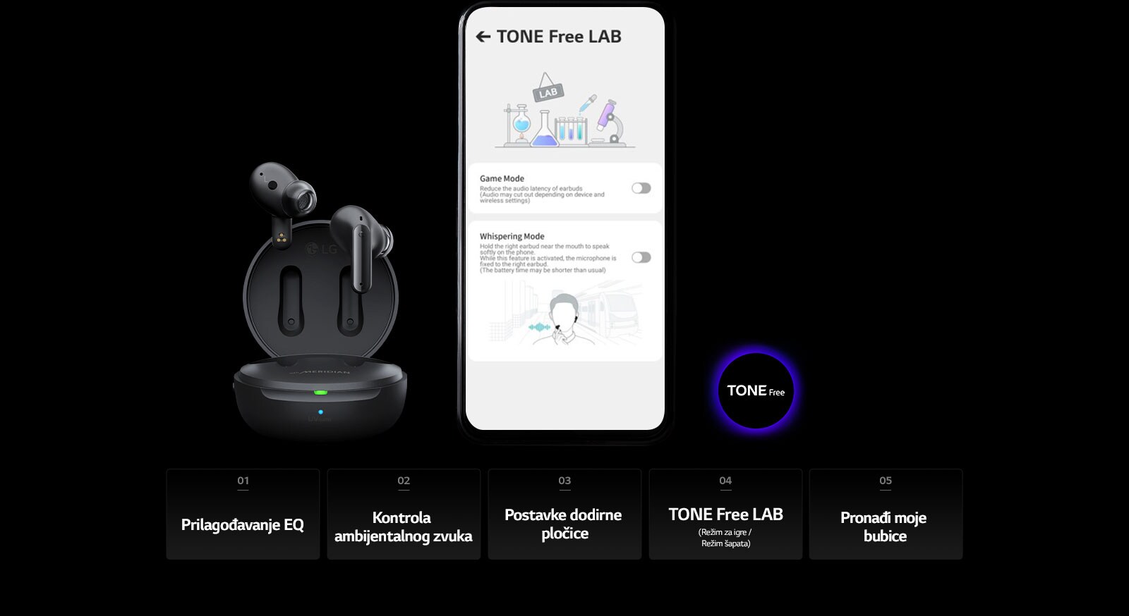 Slika ekrana TONE Free LAB na mobilnom telefonu i proizvoda TONE Free smeštenog levo pored njega.