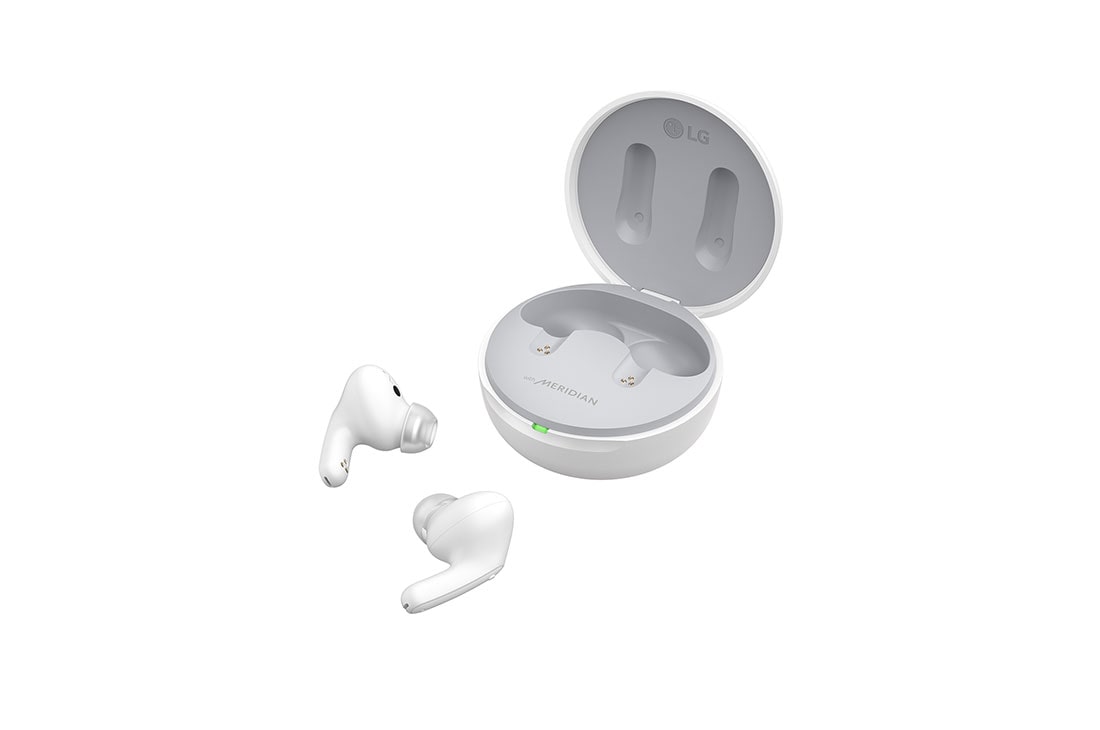 LG TONE Free FP5, Kutija je otvorena pod bočnim uglom od 15 stepeni, a obe strane bubica su postavljene ispred nje., TONE-FP5W-white, thumbnail 14