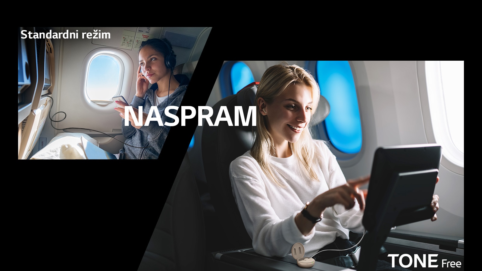 Ova scena prikazuje praktičnost funkcije poređenjem fukcije bežične veze TONE Free sa standardnim režimom. Ova scena pruža poređenje užitka u zabavnom sadržaju aviona uz Standardni režim i TONE Free, uz nošenje žičanih slušalica, i uz TONE Free uparene slušalice povezivanjem aux kablova kutije sa ekranom za prikaz zabavnog sadržaja u avionu.