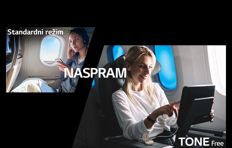 Ova scena prikazuje praktičnost funkcije poređenjem fukcije bežične veze TONE Free sa standardnim režimom. Ova scena pruža poređenje užitka u zabavnom sadržaju aviona uz Standardni režim i TONE Free, uz nošenje žičanih slušalica, i uz TONE Free uparene slušalice povezivanjem aux kablova kutije sa ekranom za prikaz zabavnog sadržaja u avionu.