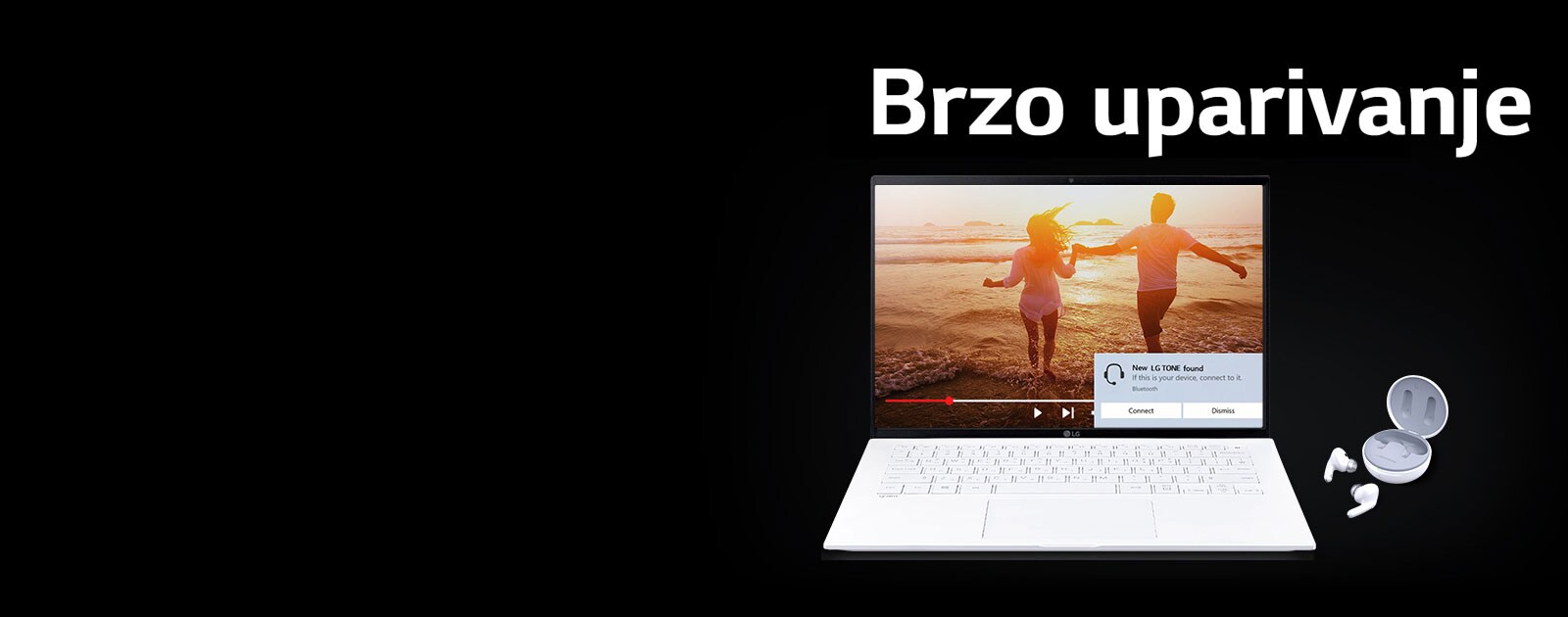 Slika laptopa i TONE Free stavljena ispod fraze „Brzo uparivanje“ i upozorenje o uparivanju uključeno na otvorenom ekranu laptopa.