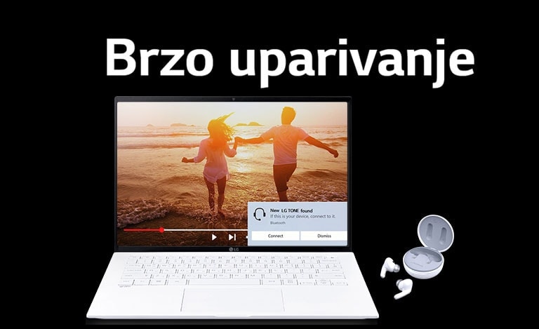 Slika laptopa i TONE Free stavljena ispod fraze „Brzo uparivanje“ i upozorenje o uparivanju uključeno na otvorenom ekranu laptopa.