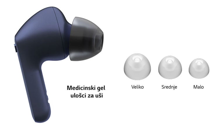 Slika belih bubica i kompleta gelova za uši u 3 veličine: Veliki, srednji i mali.