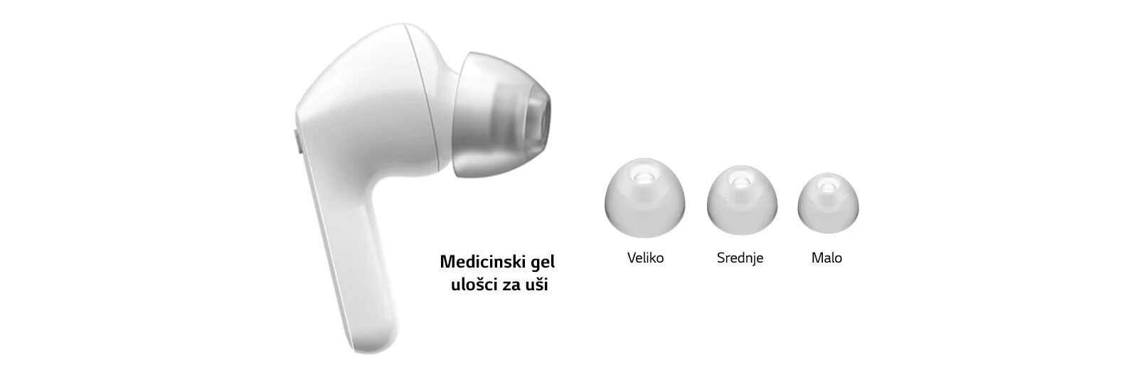Slika belih bubica i kompleta gelova za uši u 3 veličine: Veliki, srednji i mali.