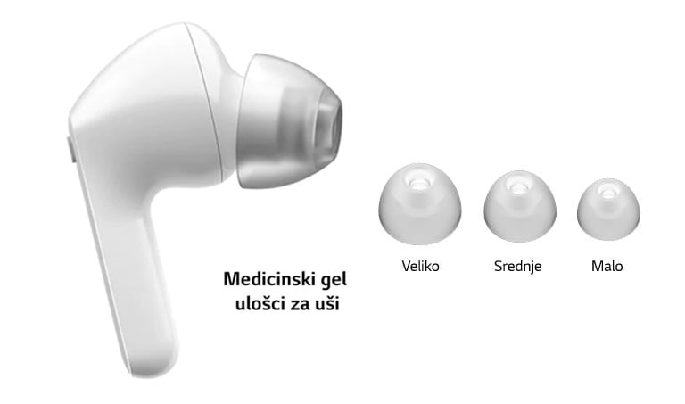 Slika belih bubica i kompleta gelova za uši u 3 veličine: Veliki, srednji i mali.