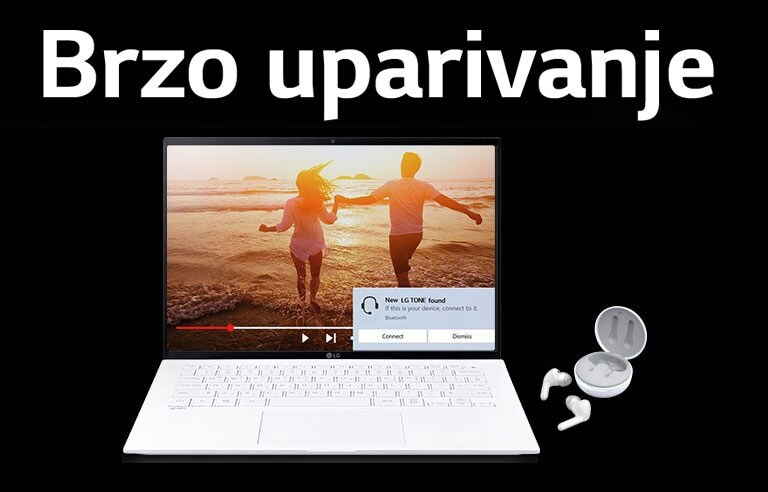 Slika laptopa i TONE Free stavljena ispod fraze „Brzo uparivanje“ i upozorenje o uparivanju uključeno na otvorenom ekranu laptopa.