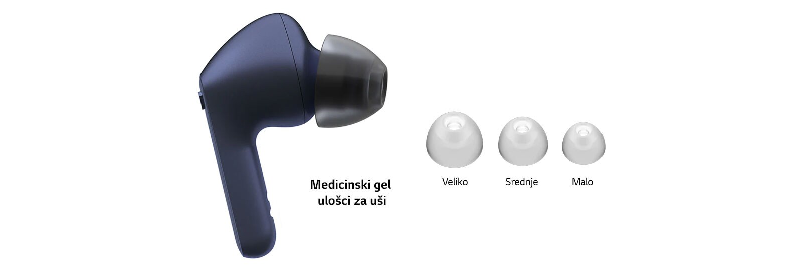 Slika belih bubica i kompleta gelova za uši u 3 veličine: Veliki, srednji i mali.