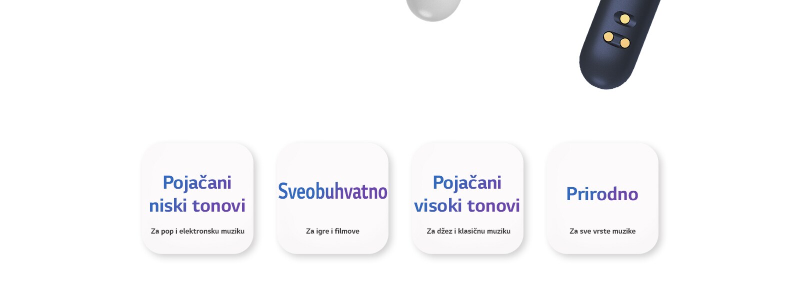Nazivi četiri režima EQ – Pojačani niski tonovi, Sveobuhvatno, Pojačani visoki tonovi i Prirodno – obeleženi su na belom četvrtastom dugmetu.