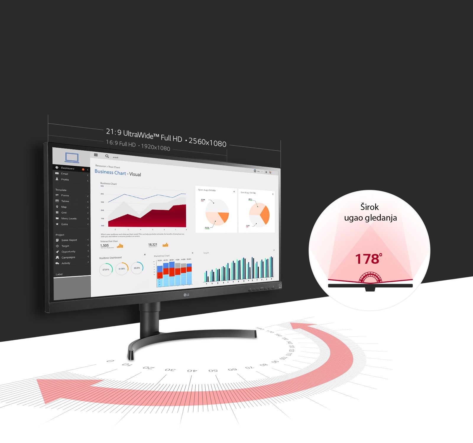 LG monitor pruža širok ugao gledanja od 178̊ uz IPS. Rezolucija Full HD ekrana 21:9 UltraWide™ (2560x1080) pruža 33% više prostora u poređenju sa ekranom Full HD odnosa strana 16:9.