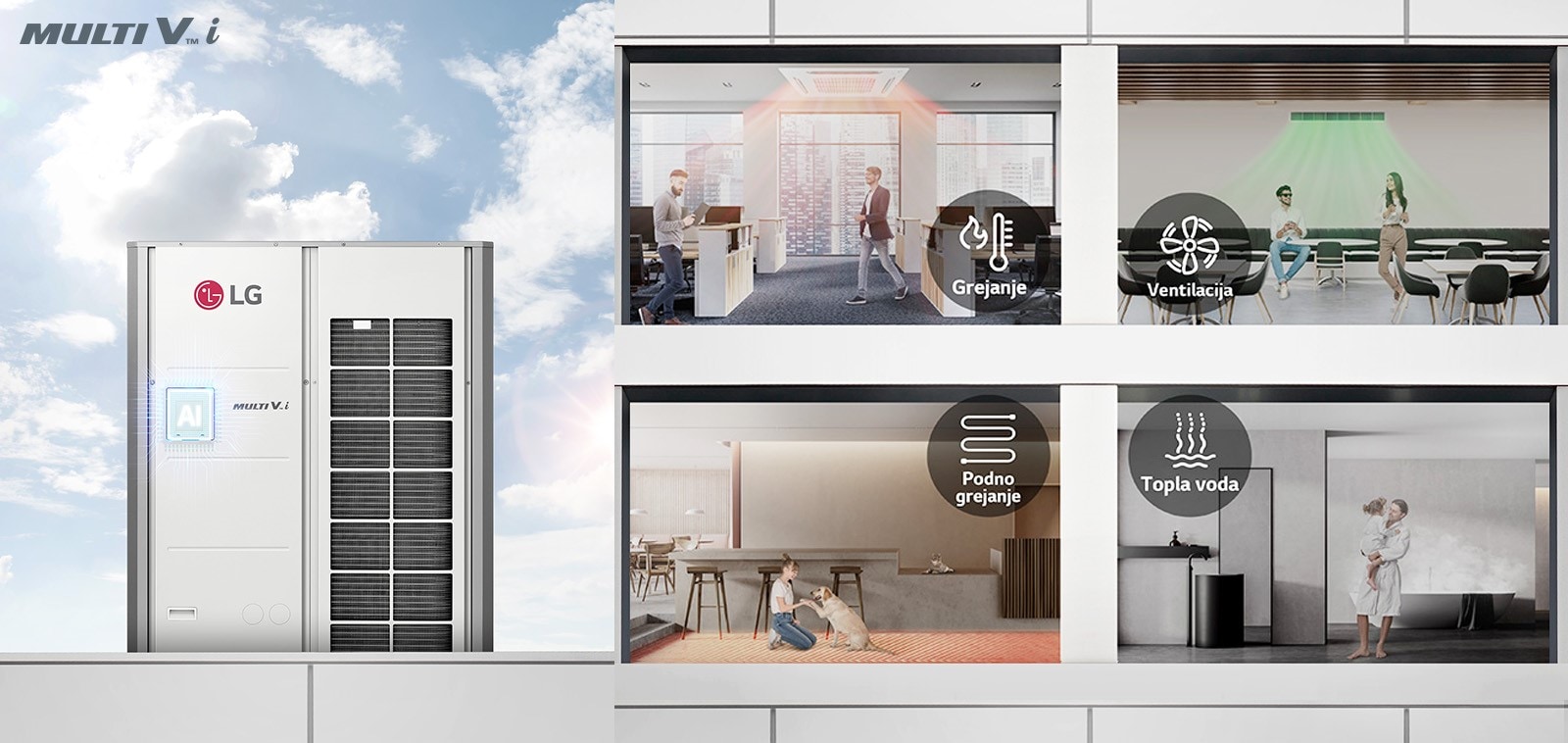 Prikazane su postavljene jedinice MULTI V i i ljudi koji žive u zgradi. Prva prostorija je kancelarija, sa grejanjem.