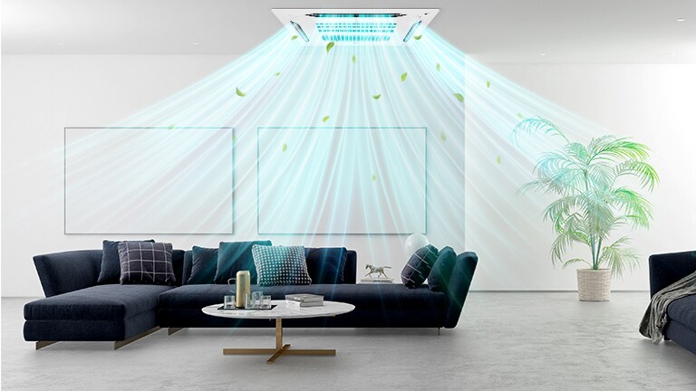 Slika četvorosmerne kasetne jedinice postavljene na plafonu dnevne sobe koja obezbeđuje čist i hladan vazduh.