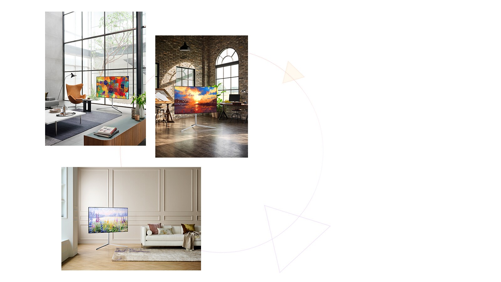 Tri Gallery Design televizora sa postoljem kao umetnička dela na bilo kom mestu