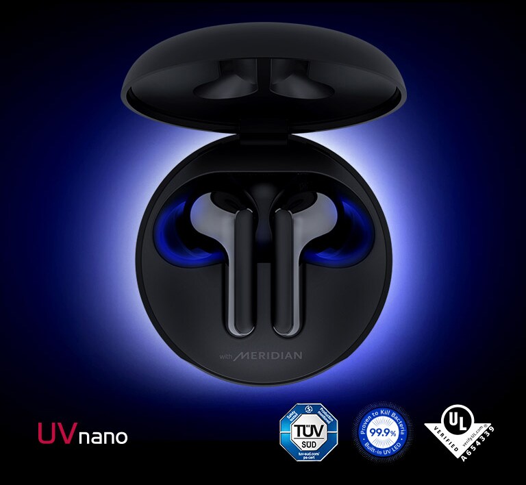 Slika otvorene kutije u kojoj se nalaze bubice sa plavim osvetljenjem koje ističe funkciju UVnano