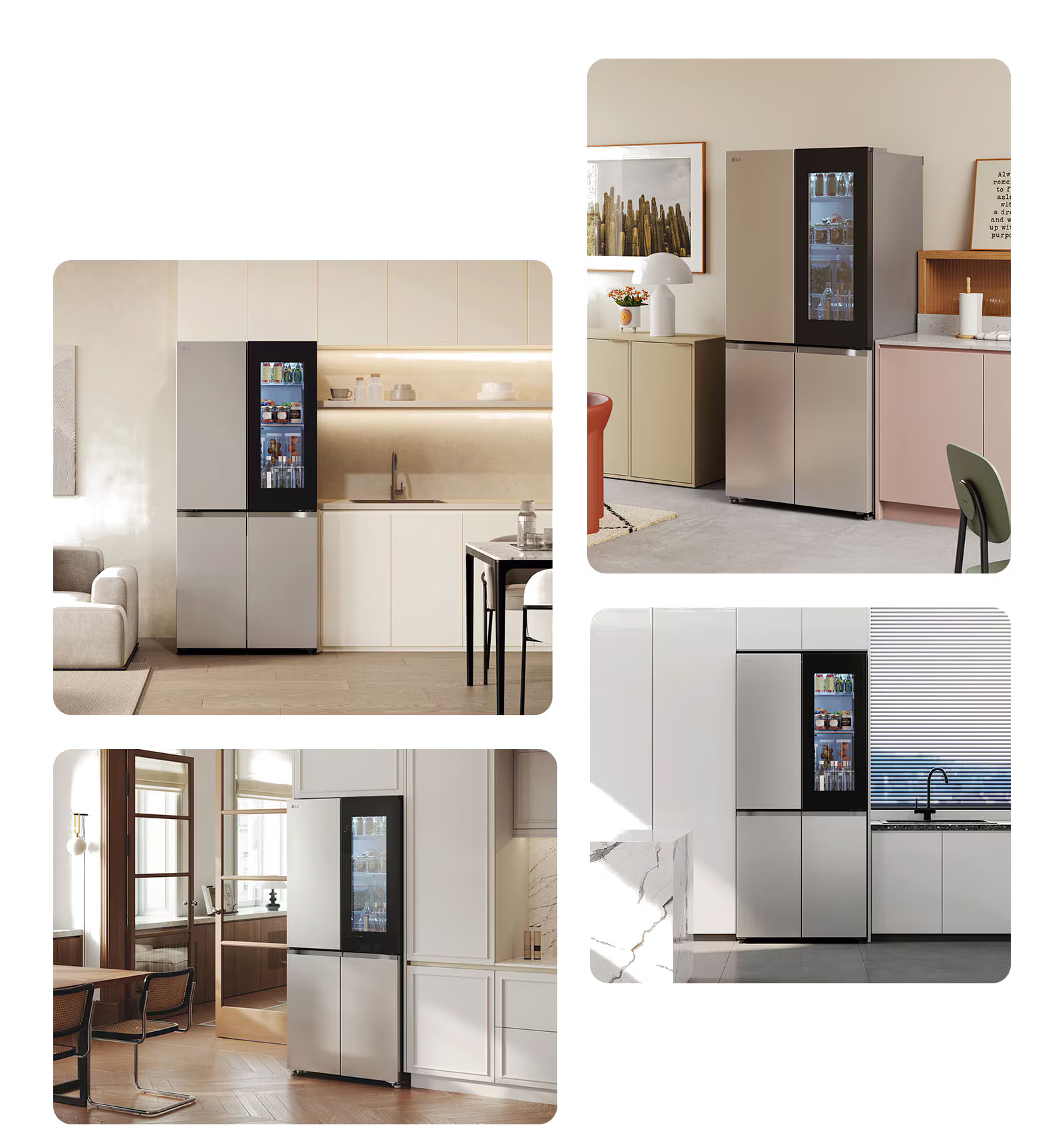 LG frižider sa četvoro vrata iz više uglova u različitim modernim kuhinjskim okruženjima.