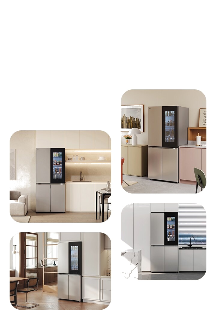 LG frižider sa četvoro vrata iz više uglova u različitim modernim kuhinjskim okruženjima.