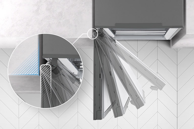 Zamrzivač je prikazan odozgo sa vratima koja se otvaraju i zaustavljaju na četiri različita mesta sa uveličanim šarkama gde se vidi da šarke mogu da budu u ravni sa zidom i da ga nikada ne dodiruju prilikom otvaranja.