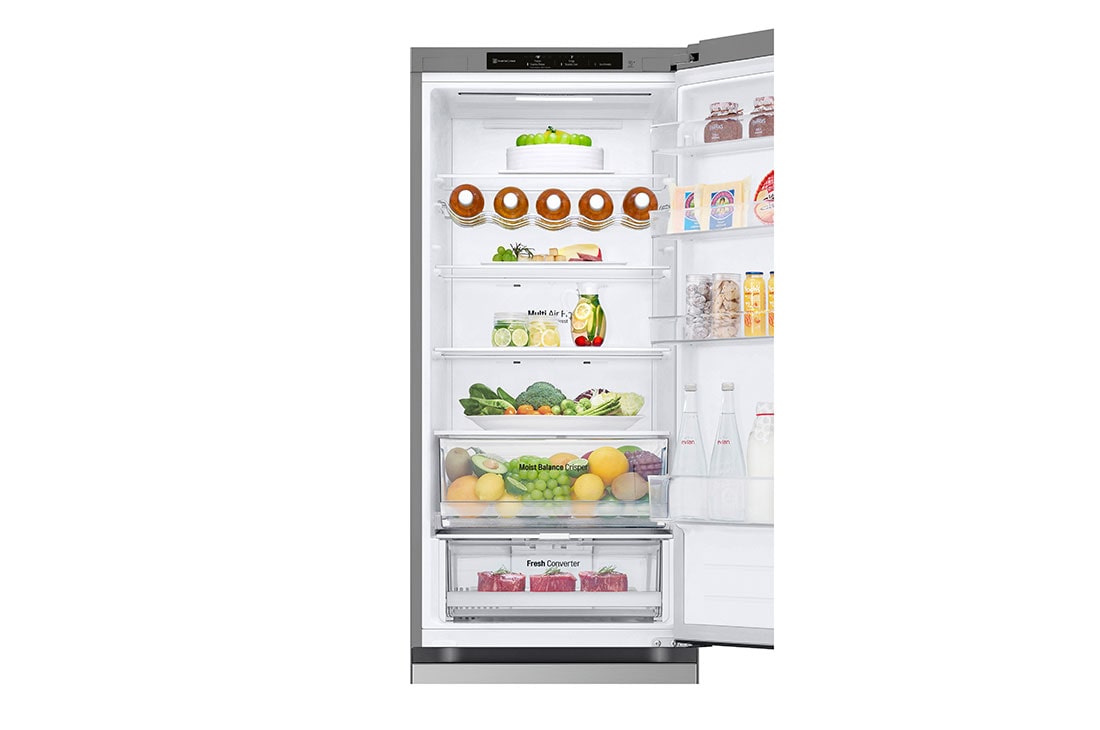 LG Kombinovani frižider sa donjim zamrzivačem, DoorCooling+™ tehnologija, kapacitet 387L, Prednja gornja vrata otvorena sa pogledom na hranu, GBV3200DPY, thumbnail 9