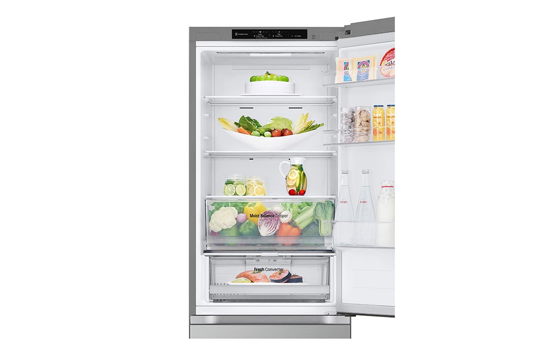 LG Kombinovani frižider sa donjim zamrzivačem, DoorCooling+™ tehnologija, kapacitet 344L, Prednja gornja vrata otvorena sa pogledom na hranu, GBV3100CPY, thumbnail 9