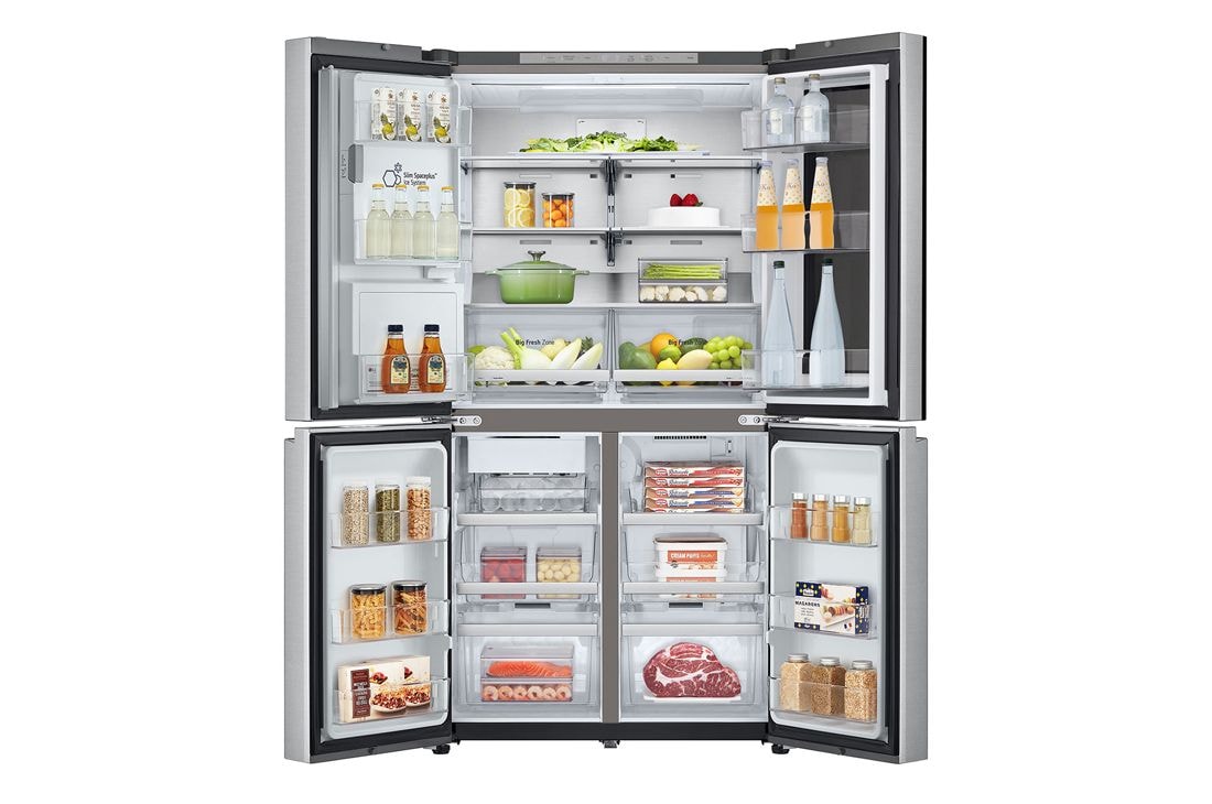 LG InstaView™ Multi-Door frižider, DoorCooling+™, Craft Ice™ i ThinQ™ tehnologija, kapacitet 638L, Prednja sva vrata otvorena sa pogledom na hranu, GMG960MBEE, thumbnail 2