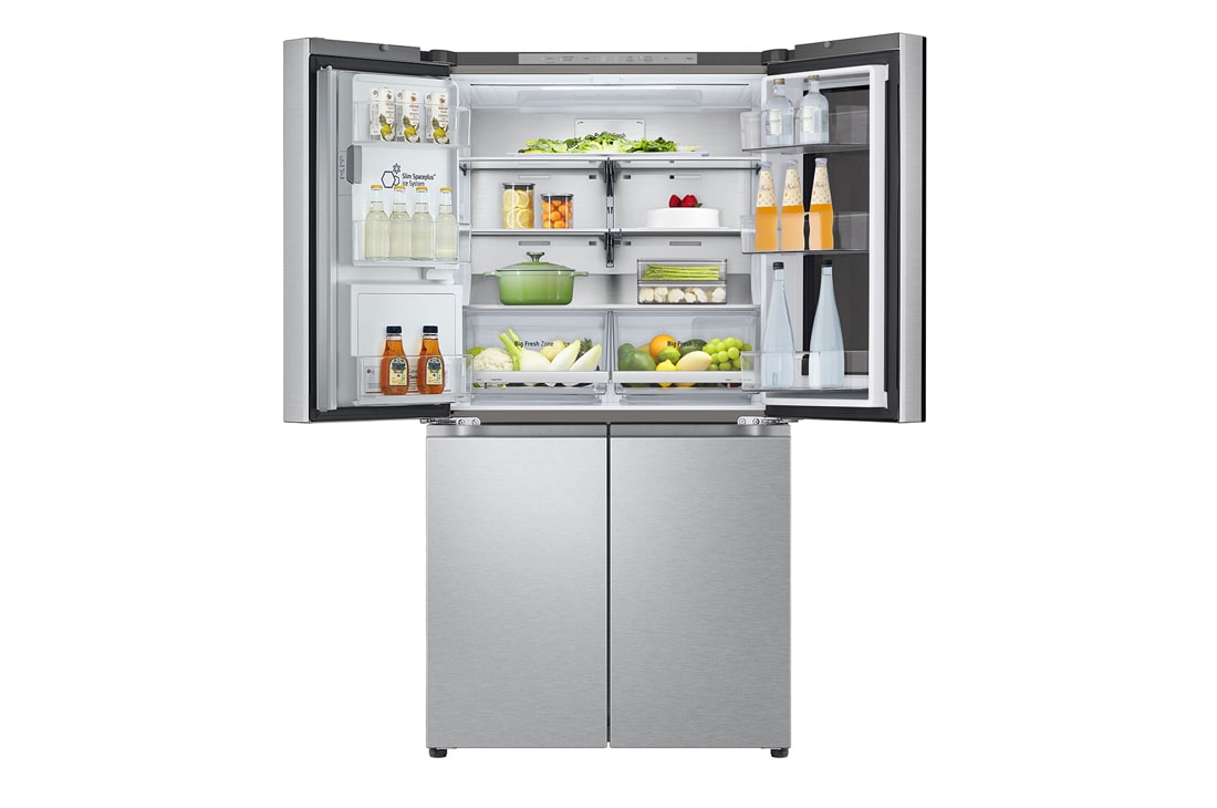 LG InstaView™ Multi-Door frižider, DoorCooling+™, Craft Ice™ i ThinQ™ tehnologija, kapacitet 638L, Prednja gornja vrata otvorena sa pogledom na hranu, GMG960MBEE, thumbnail 4