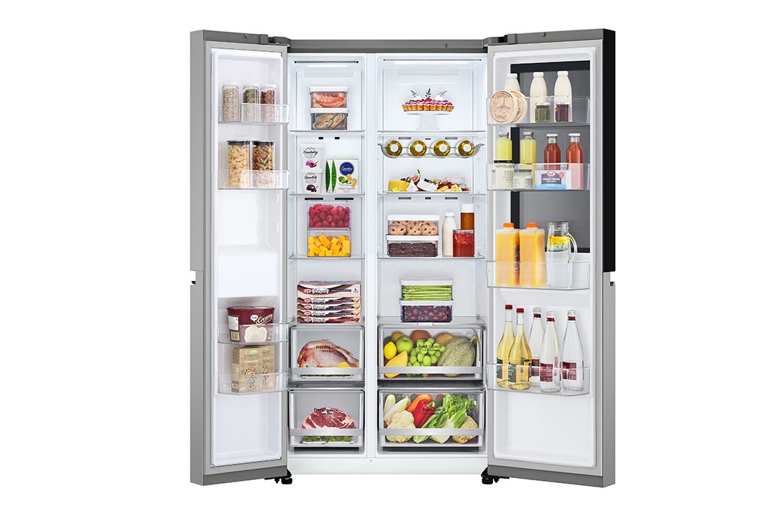 LG InstaView™ Side-by-Side frižider, DoorCooling+™ i ThinQ™ tehnologija, kapacitet 655L, Prednja sva vrata otvorena sa pogledom na hranu, GSVV80PYLL, thumbnail 3