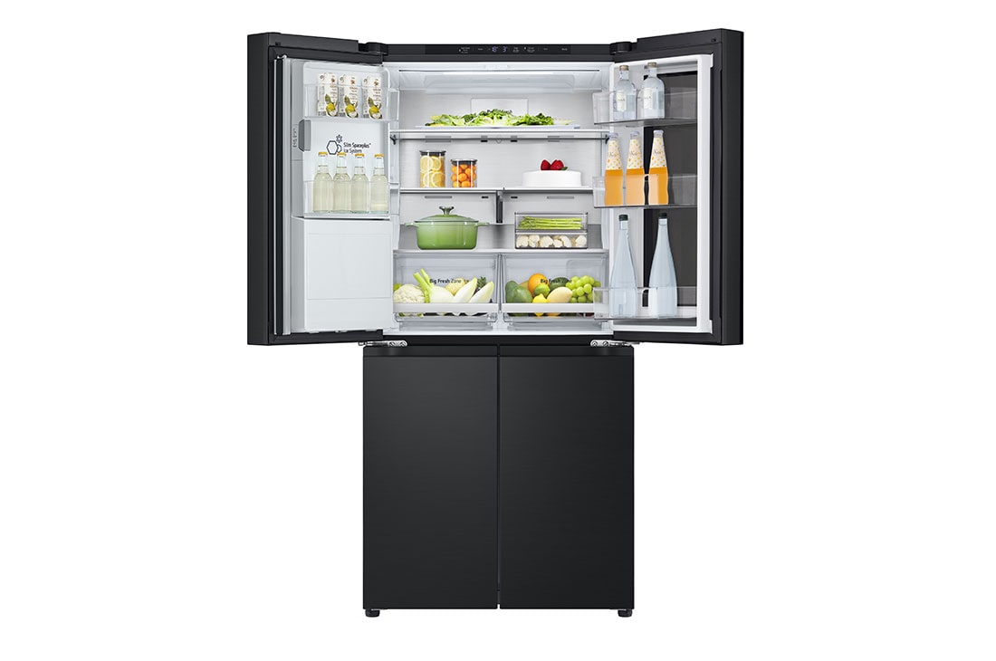 LG InstaView™ Multi-Door frižider, DoorCooling+™ tehnologija, ThinQ™, kapacitet 508L, Prednja gornja vrata otvorena sa pogledom na hranu, GMG860EPBE, thumbnail 6