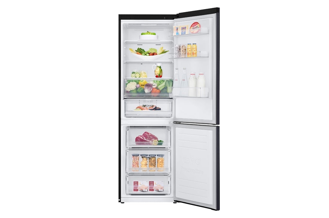 LG Kombinovani frižider sa donjim zamrzivačem, DoorCooling+™ tehnologija, ThinQ™, kapacitet 341L, Prednja sva vrata otvorena sa pogledom na hranu, GBE61MCHMN, thumbnail 2