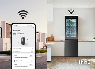 Podeljena slika pametnog telefona koji koristi aplikaciju LG ThinQ na ulici i LG InstaView frižider sa zamrzivačem sa donjim zamrzivačem u kuhinji koji su međusobno povezani Wi-Fi.