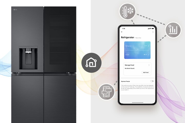 LG InstaView Multi-door frižider i mobilni telefon sa ekranom na LG ThinQ™ aplikaciji.