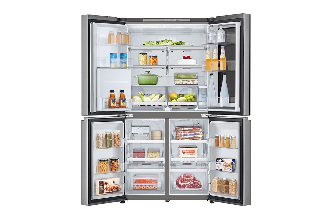 LG InstaView™ Multi-Door frižider, DoorCooling+™ tehnologija, ThinQ™, kapacitet 646L, Prednja sva vrata otvorena sa pogledom na hranu, GMK961PY5E, thumbnail 2