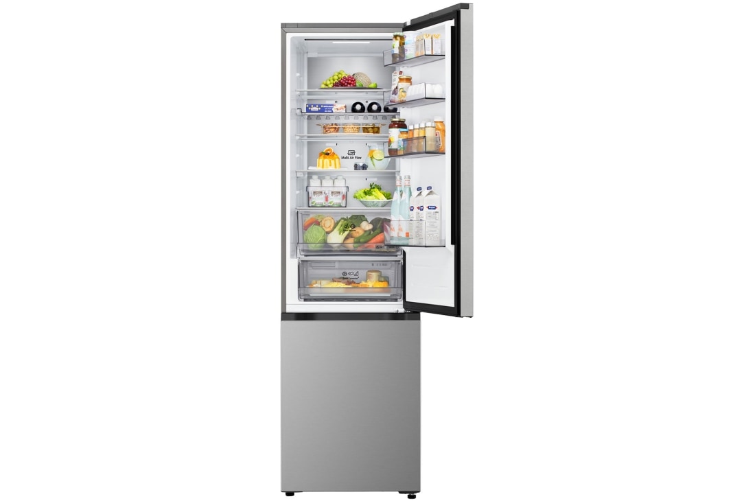 LG Kombinovani frižider sa donjim zamrzivačem, DoorCooling+™ tehnologija, ThinQ™, kapacitet 375L, Prednja gornja vrata otvorena sa pogledom na hranu, GBBS524CPY, thumbnail 4