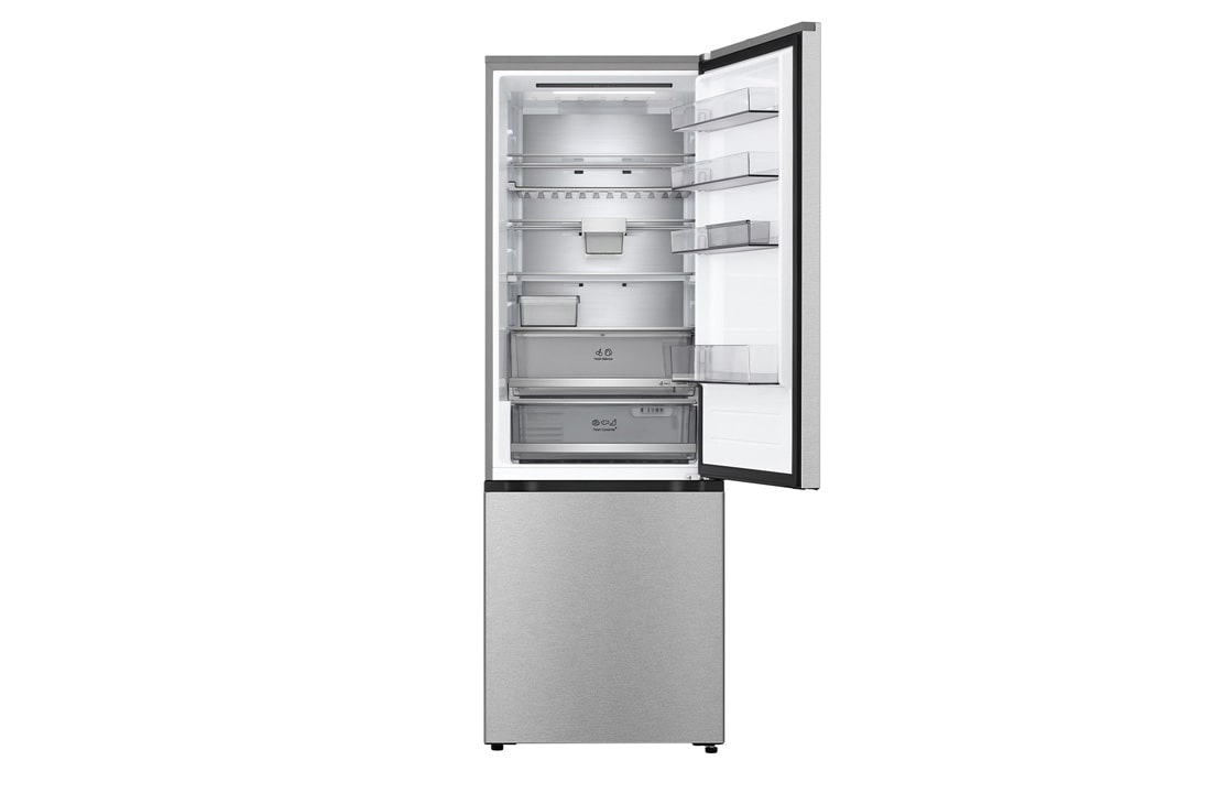 LG Kombinovani frižider sa donjim zamrzivačem, DoorCooling+™ tehnologija, ThinQ™, kapacitet 465L, Prednja gornja vrata otvorena sa pogledom na hranu, GBBW726CMB, thumbnail 4