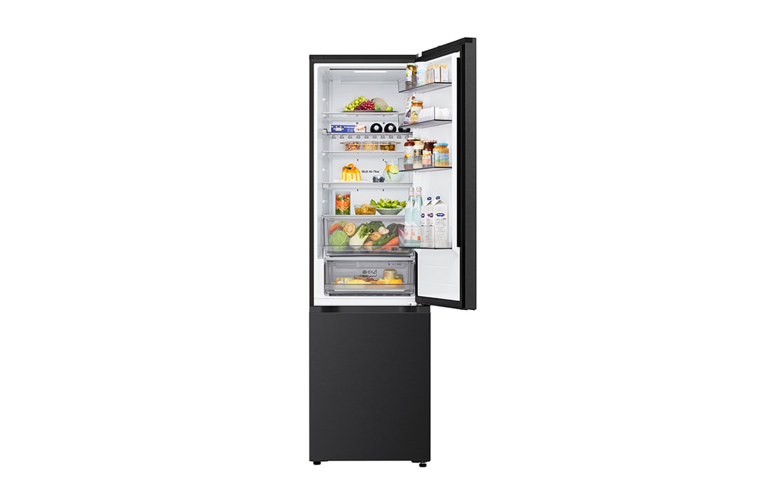 LG Kombinovani frižider sa donjim zamrzivačem, DoorCooling+™ tehnologija, ThinQ™, kapacitet 375L, Prednja gornja vrata otvorena sa pogledom na hranu, GBBS322CEV, thumbnail 5