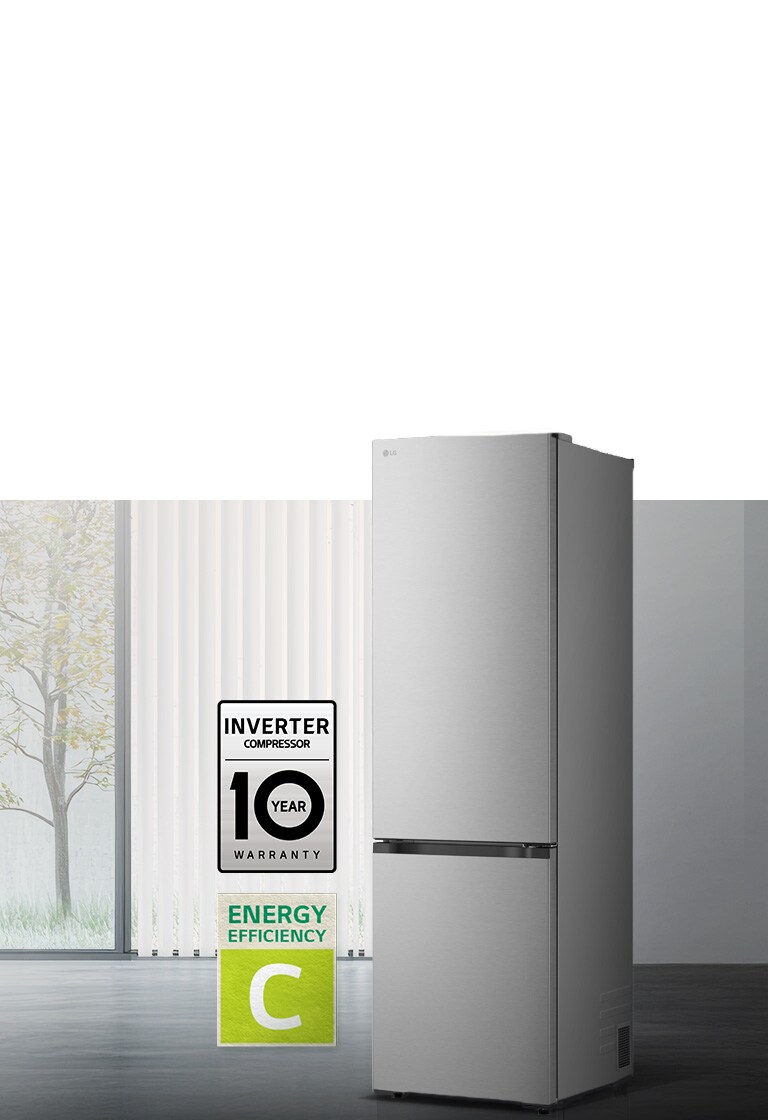 LG srebrni frižider sa zamrzivačem dole u ​​jednoj prostoriji, 10-godišnja garancija na pametni inverterski kompresor i ikone energetske efikasnosti.