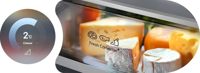 LG frižider sa donjim zamrzivačem, kružni dijagram sa 2°C sa leve strane, sveži sir u FRESHConverter+™ fioci sa desne strane.