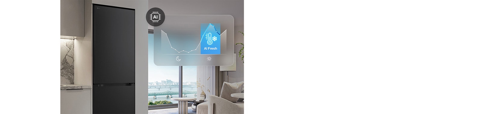 LG frižider sa donjim zamrzivačem pored svetlo sivih ormarića u dnevnoj sobi, grafikon i ikona AI Freshness-a.