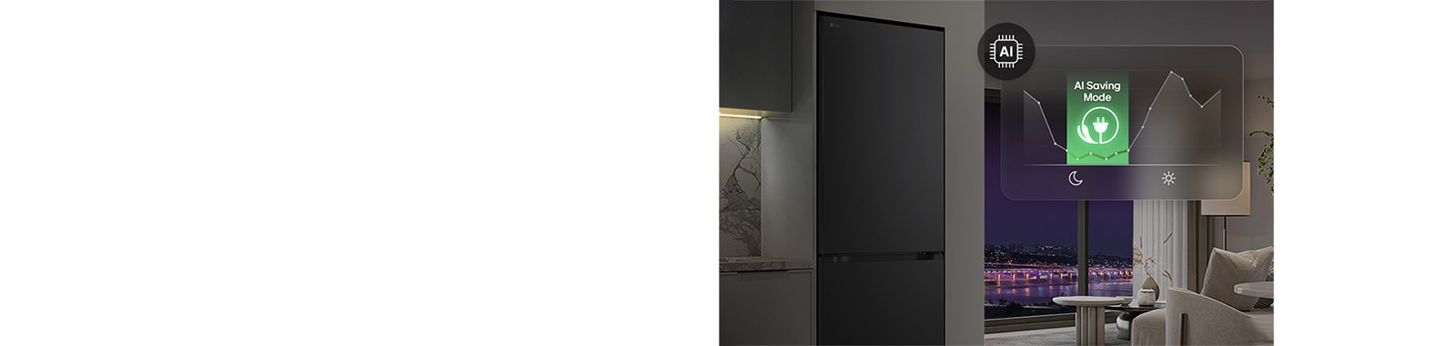 LG frižider sa donjim zamrzivačem noću, sa grafikom koja prikazuje ekonomični režim sa veštačkom inteligencijom,  sa dijagramom koji prikazuje promenljivu potrošnju energije.
