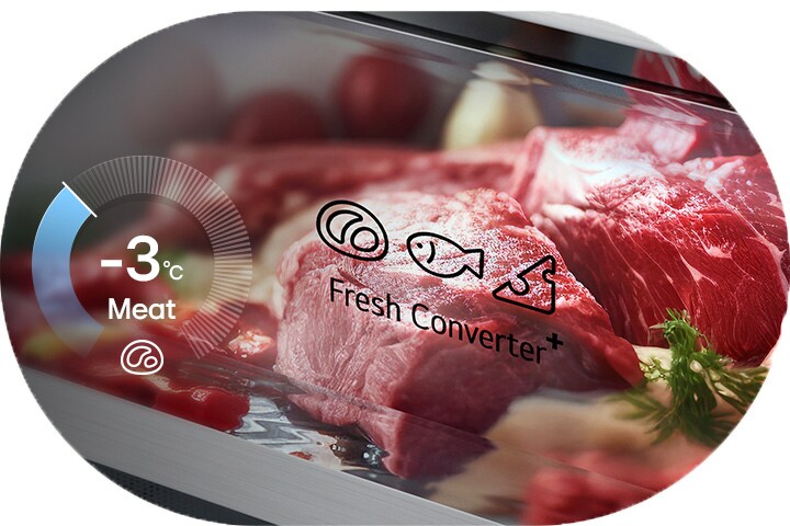 LG frižider sa donjim zamrzivačem, kružni dijagram levo sa -3°C, sveže meso u fioci FRESHConverter+™ desno.