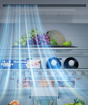 Unutrašnjost LG frižidera sa donjim zamrzivačem: police sa voćem, pićima, plave linije protoka vazduha koje dolaze odozgo levo