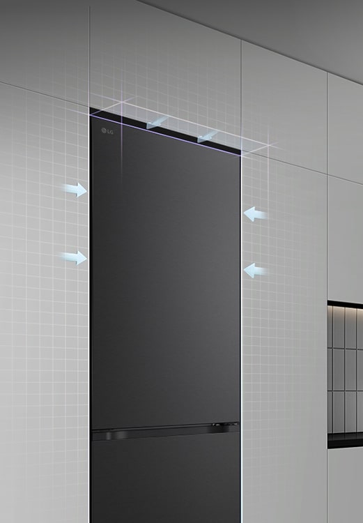 LG frižider sa zamrzivačem dole se savršeno uklapa u kuhinjski ormarić,  strelice ilustruju uklapanje.