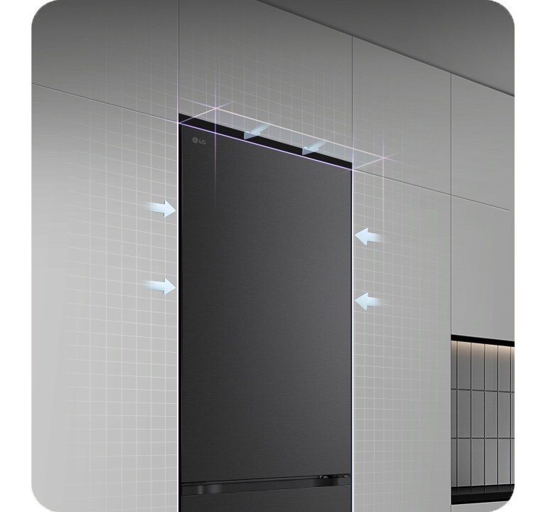 LG frižider sa zamrzivačem dole se savršeno uklapa u kuhinjski ormarić,  strelice ilustruju uklapanje.