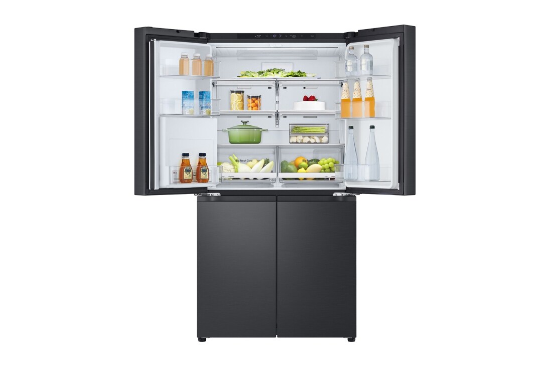 LG Multi-Door frižider, DoorCooling+™ tehnologija, ThinQ™, kapacitet 645L, Prednja gornja vrata otvorena sa pogledom na hranu, GMF960EV2E, thumbnail 4