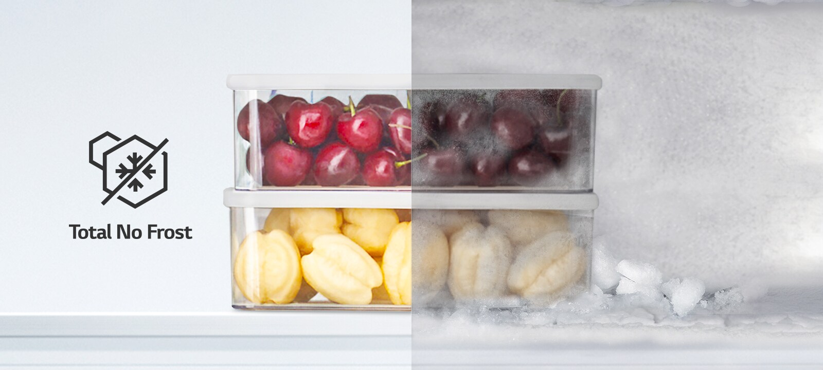 Poređenje LG Total No Frost sistema: sveža hrana na strani bez mraza, nakupljanje leda na strani konvencionalnog zamrzivača