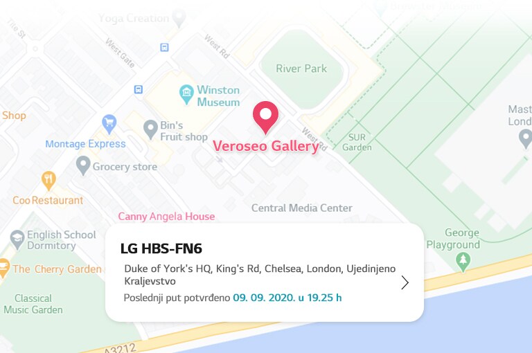 Prikazana je mapa sa pinom za lokaciju kada je bubica slušalica poslednji put povezana.