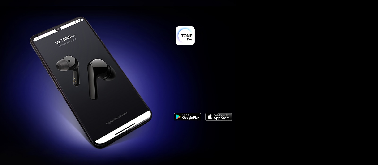 Pametni telefon na kom se prikazuje aplikacija LG TONE Free spram mračne pozadine. Ikone aplikacije prikazuju se sa desne strane.