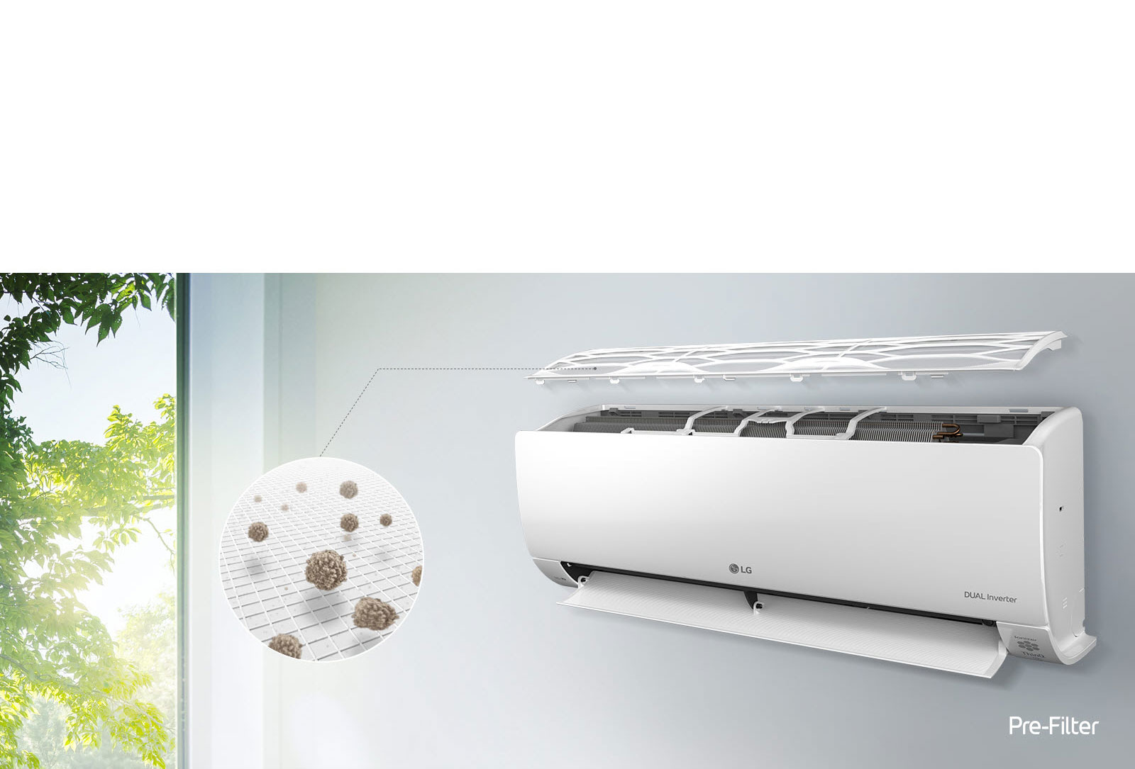 LG klima uređaj je postavljen na zid i gleda se iz bočnog ugla. Gornji panel lebdi iznad i mogu se videti unutrašnji filteri. Linija od predfiltera vodi do uvećanog kruga gde se prikazuje prašina zadržana na predfilteru. Logotip Pre-Filter prikazan je u donjem desnom uglu.