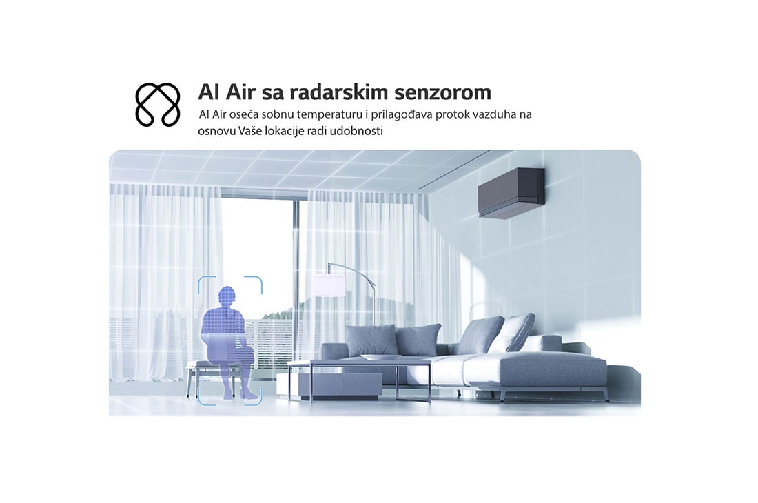 LG 5,0 kW ARTCOOL™ AI Air Mirror Single Split inverterski klima-uređaj, LG Dual Vane klima-uređaj prikazan u dnevnoj sobi. Hladan vazduh struji nagore sa leve strane, topao vazduh nadole sa desne strane. Propratni tekst glasi: „DUAL Vane širi protok vazduha nagore ili nad, AA18SP, thumbnail 4