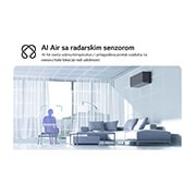 LG 5,0 kW ARTCOOL™ AI Air Mirror Single Split inverterski klima-uređaj, LG Dual Vane klima-uređaj prikazan u dnevnoj sobi. Hladan vazduh struji nagore sa leve strane, topao vazduh nadole sa desne strane. Propratni tekst glasi: „DUAL Vane širi protok vazduha nagore ili nad, AA18SP, thumbnail 4