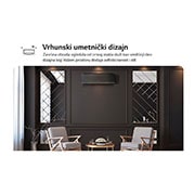 LG 5,0 kW ARTCOOL™ AI Air Mirror Single Split inverterski klima-uređaj, Moderan prostor sa crnim LG klima-uređajem na tamnom zidu, panelima sa ogledalom i elegantnim prostorom za sedenje. Tekst glasi „Vrhunski umetnički dizajn: završna obrada u vidu ogledala od crnog stak, AA18SP, thumbnail 3