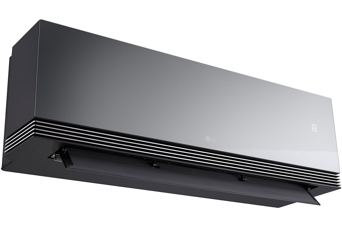 LG 5,0 kW ARTCOOL™ AI Air Mirror Single Split inverterski klima-uređaj, Prikaz sa prednje strane iz donjeg levog ugla LG AI klima-uređaja sa otvorenom donjom lopaticom, AA18SP, thumbnail 10